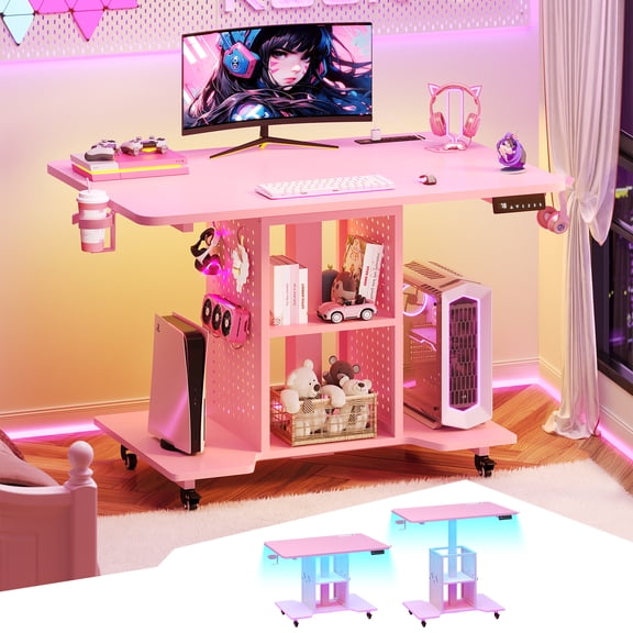 SEDETA Small Rolling Standing Desk with LED Lights, 31.5 Inch Electric Height Adjustable Gaming PC Desk with Shelves & Pegboard & Power Strip, Compact Mobile Sit Stand Computer Workstation, Pink