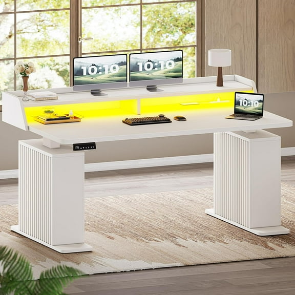 SEDETA Standing Desk with Storage, 55" Fluted Stand Up Desk with Power Outlets & LED Lights, Height Adjustable Table with Monitor Shelf for Home Office, Gaming, White