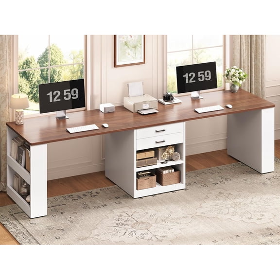SEDETA Two Person Desk with Drawers, 90 Inch Long Computer Desk with Storage Shelves, Double Gaming Desk, Wooden Office Desk, Writing Table with Storage for Home Office, White
