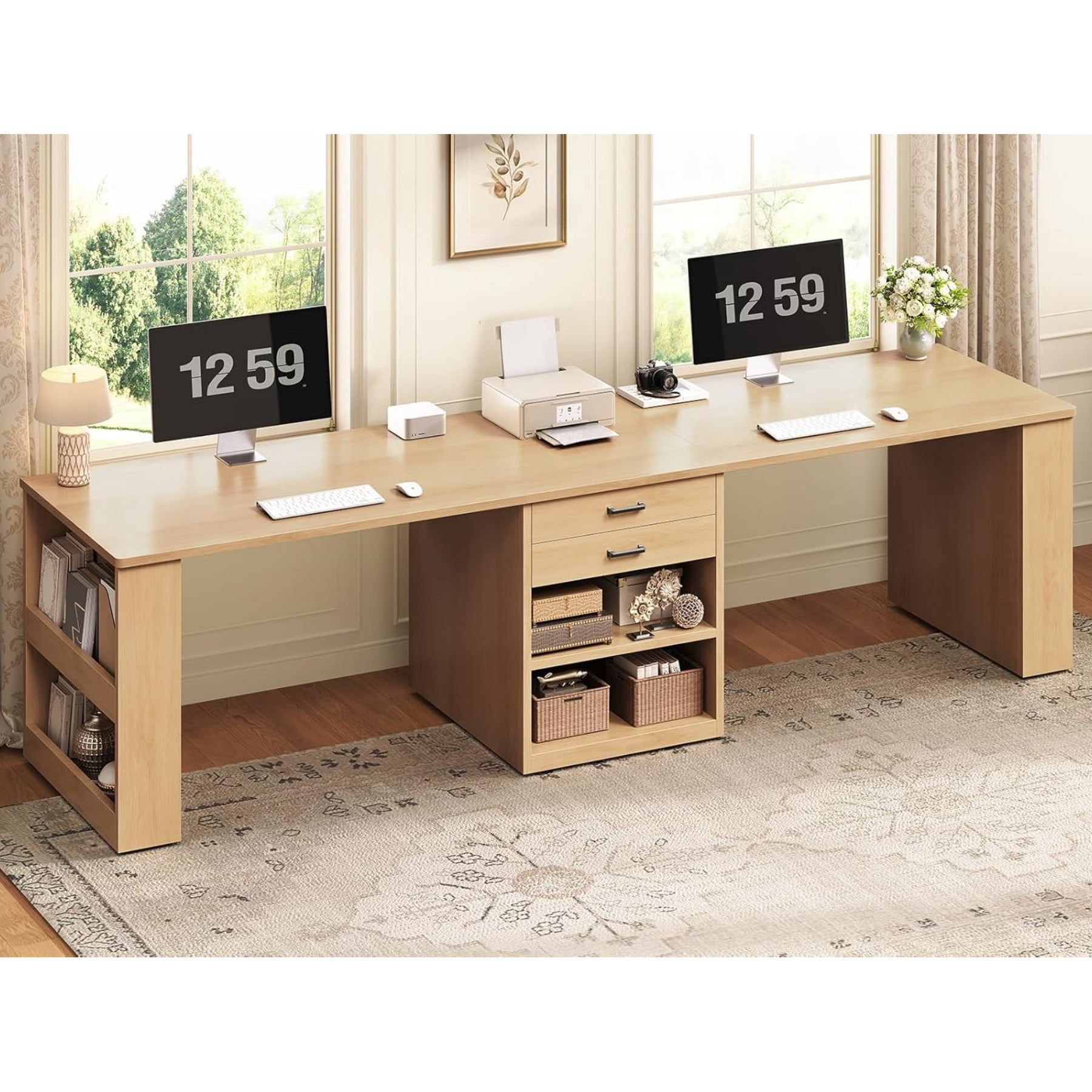 SEDETA Two Person Desk with Drawers, 90 Inch Long Computer Desk with Storage Shelves, Wooden Desk, Double Gaming Desk, Writing Table with Storage for Home Office, Oak Wood