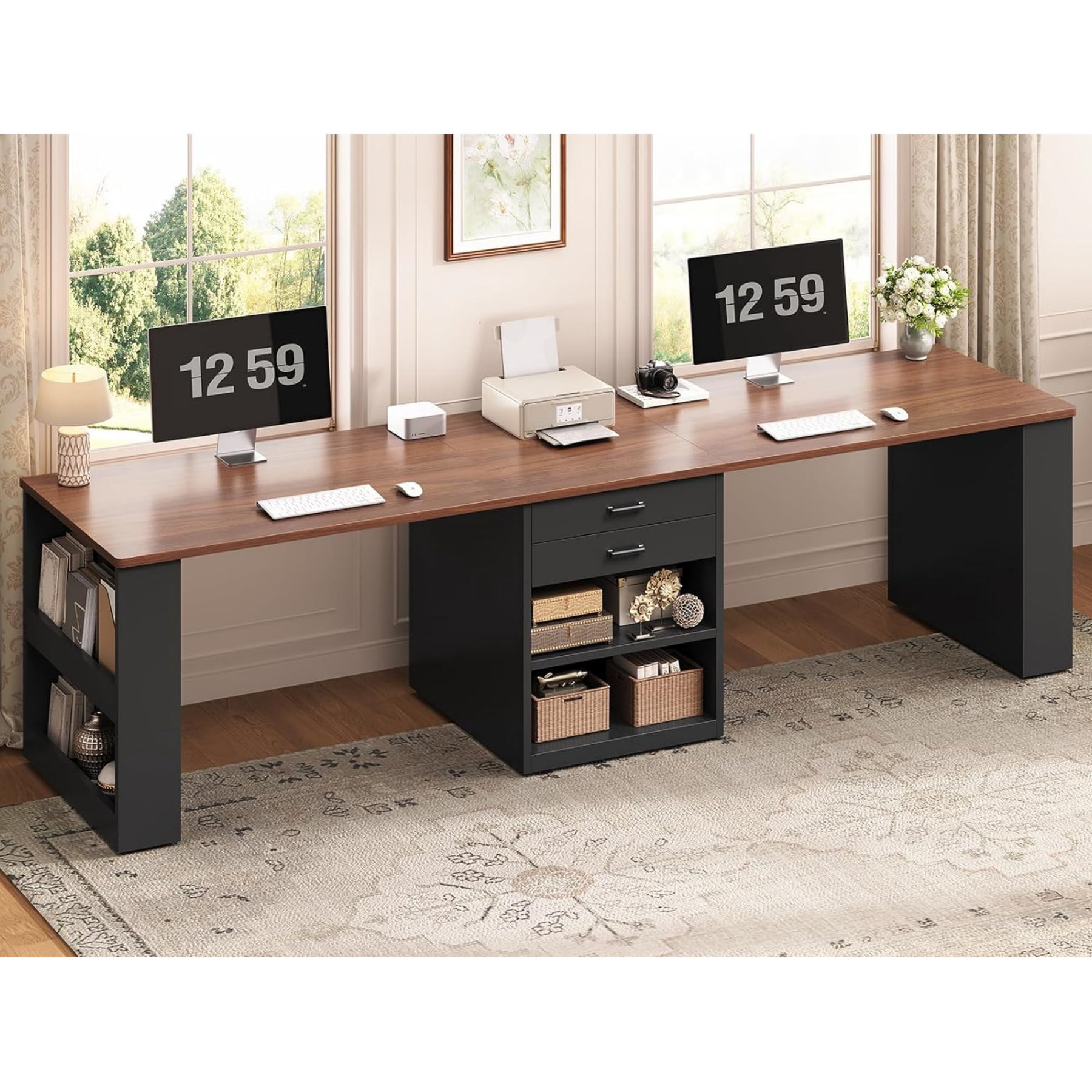 SEDETA Two Person Desk with Drawers, 90 Inch Long Office Desk with Storage Shelves, Double Gaming Desk, Wooden Couple Desk, Writing Table with Storage for Home Office, Black
