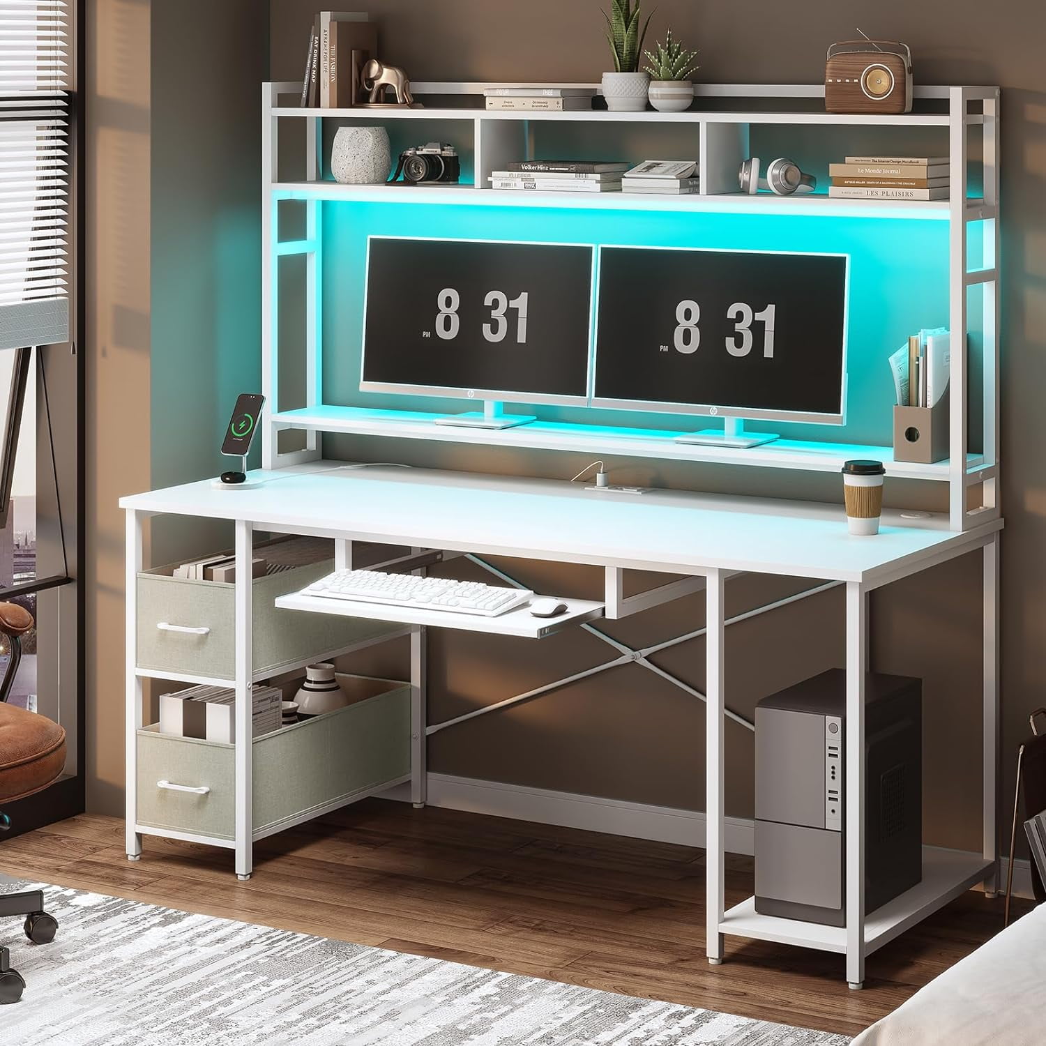 White Engineered Wood Computer Desk with LED Lights and Power Outlet