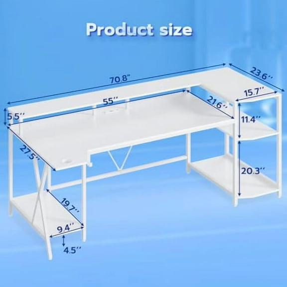 SEDETA White Gaming Desk 70.8'' with LED Lights and Storage Shelves, Computer Desk with Monitor Stand, Power Outlets and Cup Holder, Large PC Gamer Desk, Gaming Table for Bedroom, Living Room