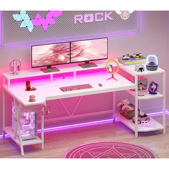 SEDETA White Gaming Desk 70.8'' with LED Lights and Storage Shelves, Computer Desk with Monitor Stand, Power Outlets and Cup Holder, Large PC Gamer Desk, Gaming Table for Bedroom, Living Room