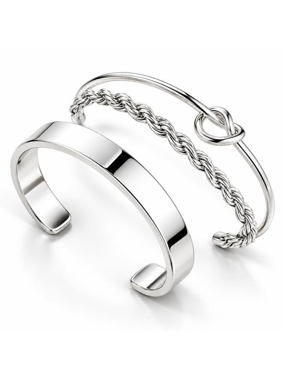 Silver Bracelets for Women Stack Bangle Cuff Rope Chain Bracelet Set Adjustable Layering Wrist Accessories 3 Pack