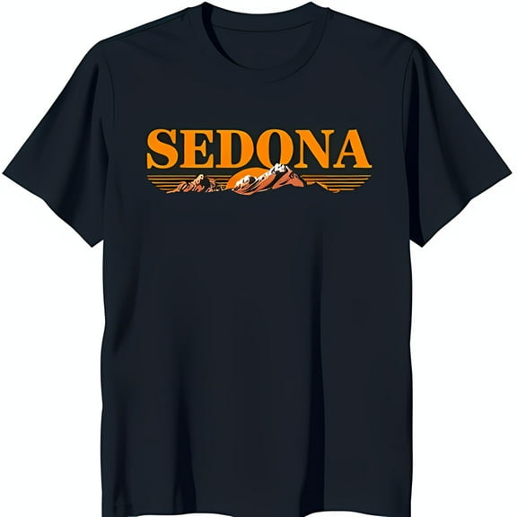 SEDONA Black T-Shirt with Mountain Range Graphic & Sun Design