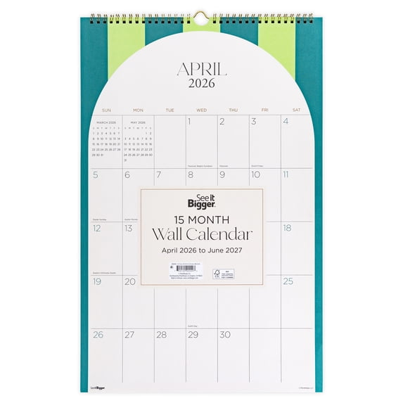 See It Bigger Wall Calendar, Medium (12.5" x 19.2"), Green, 15-Month: Apr 2026 - Jun 2027