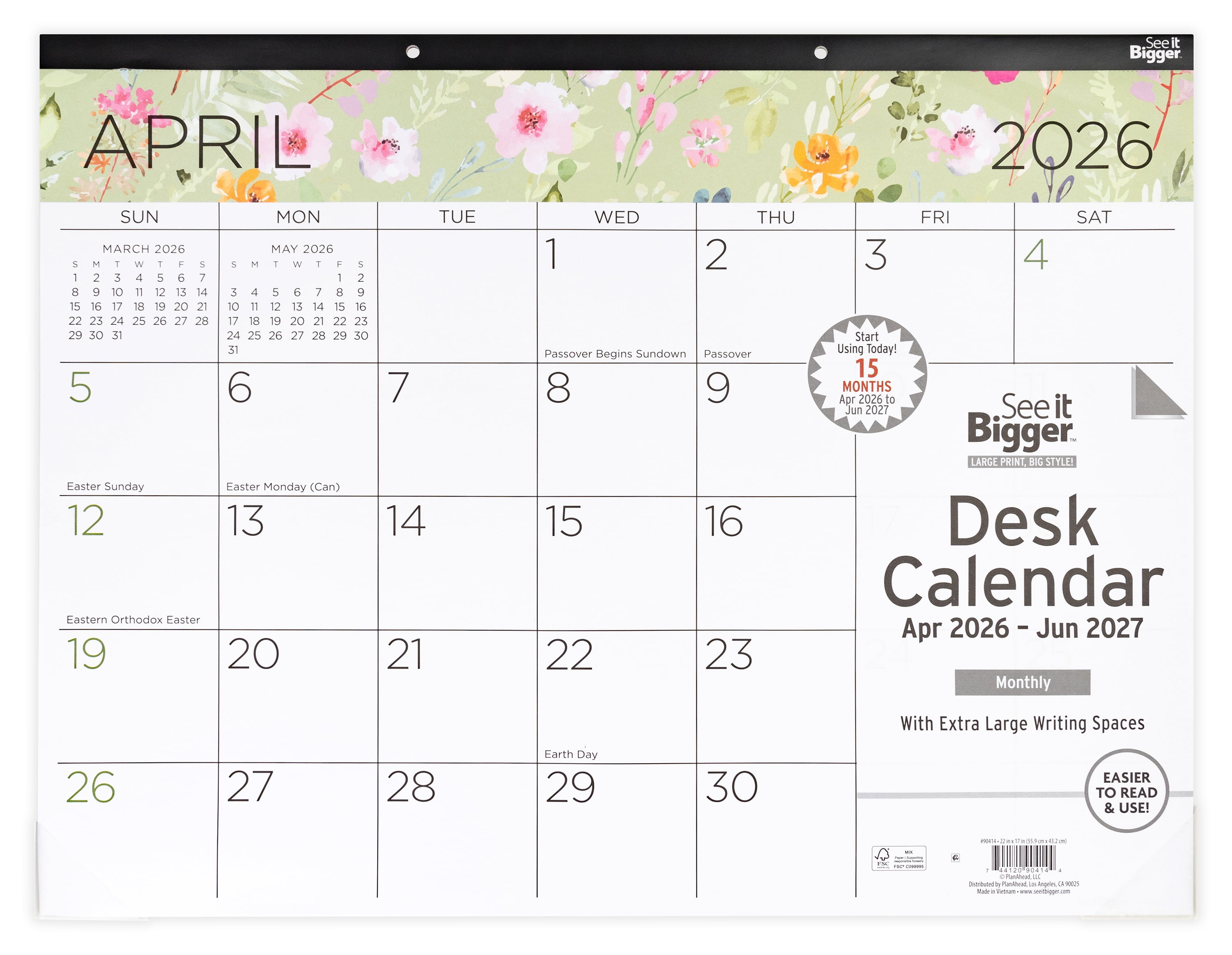 See It Bigger Desk Pad Calendar, Large (17" x 22"), Floral, 15-Month: Apr 2026 - Jun 2027