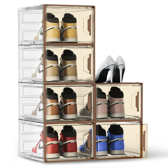 SEE SPRING XX-Large 6 Pack Thicken Shoe Organizer Stackable Box,Shoe Containers for Sneaker Display,up to 14 Size,Brown