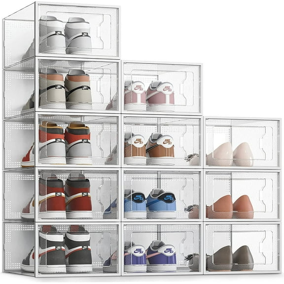 SEE SRPING XX-Large Shoe Storage Box Fit Size 14, Clear Plastic Stackable Shoe Organizer for Closet, Shoe Rack Sneaker Containers Bins Holders, Drawer Organize Unit, 12 Pack Clear