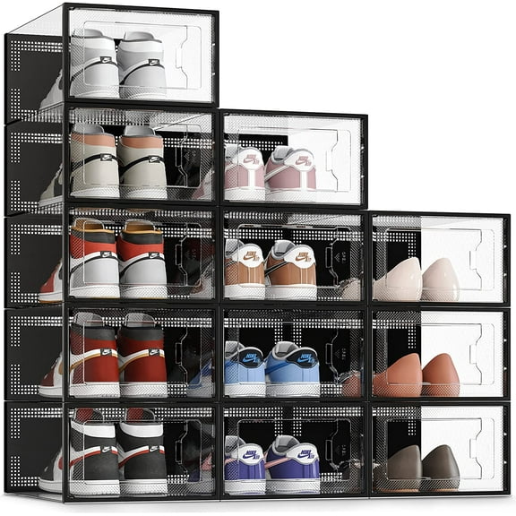 SEE SRPING XX-Large Shoe Storage Box Fit Size 14, Clear Plastic Stackable Shoe Organizer for Closet, Shoe Rack Sneaker Containers Bins Holders, Drawer Organize Unit, 12 Pack Black