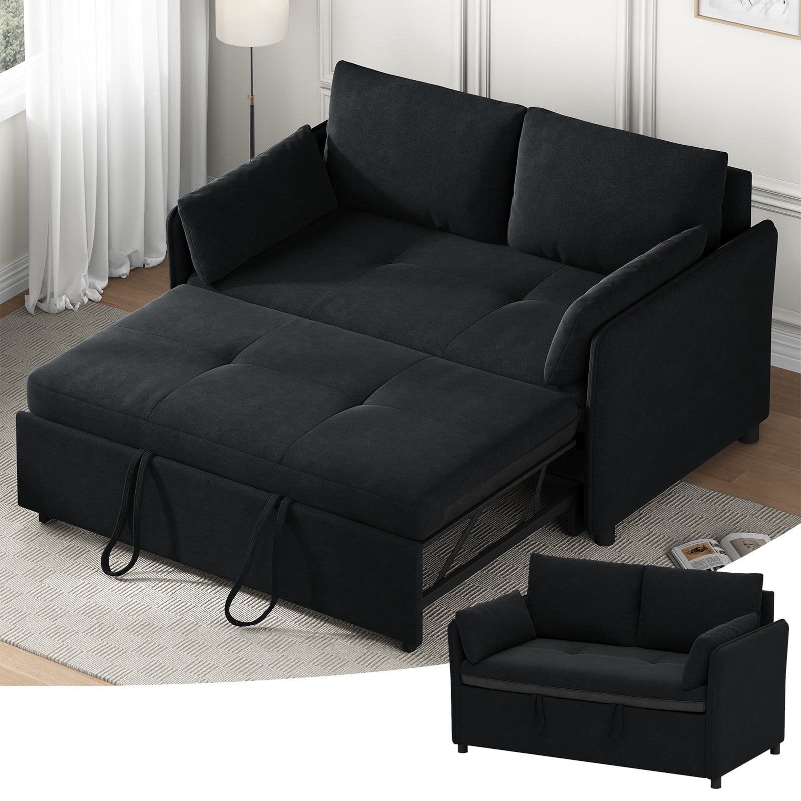 3 in 1 Convertible Sleeper Sofa Bed, 53" Folding Pull Out Couch with Adjustable Backrest, Futon Loveseat Couches with Side Pocket for Living Room, Black