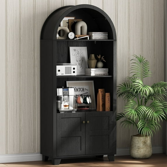 IDEALSOUL Arched Kitchen Pantry Cabinet, 70-inch Arched Cabinet, Open Shelf Storage Cabinet with 2 Doors and 5 Shelves(Black)