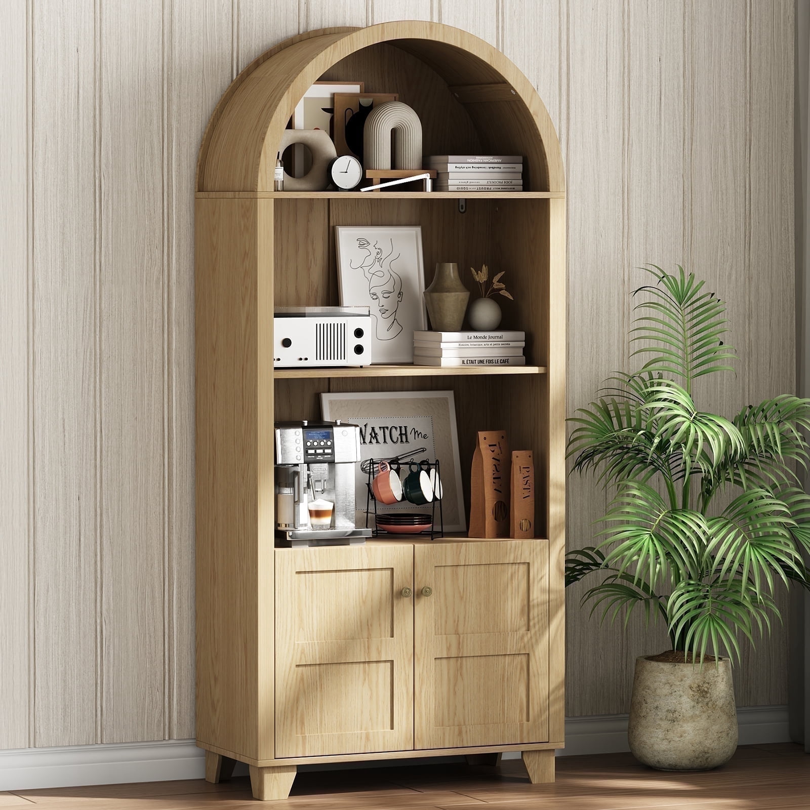IDEALSOUL Arched Kitchen Pantry Cabinet, 70-inch Arched Cabinet, Open Shelf Storage Cabinet with 2 Doors and 5 Shelves(Wood color)
