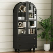 IDEALSOUL Arched Kitchen Pantry Cabinet, 70" Tall Wood Storage Cabinet with 2 Glass Doors,4 Shelves and 2 Drawers, Food Cabinet for Kitchen, Living Room, Bedroom(Black)