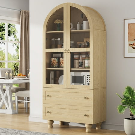IDEALSOUL Arched Kitchen Pantry Cabinet, 71" Tall Wood Storage Cabinet with 2 Glass Doors, 4 Shelves and 2 Drawers, Food Cabinet for Kitchen, Living Room, Bedroom(Wood color)