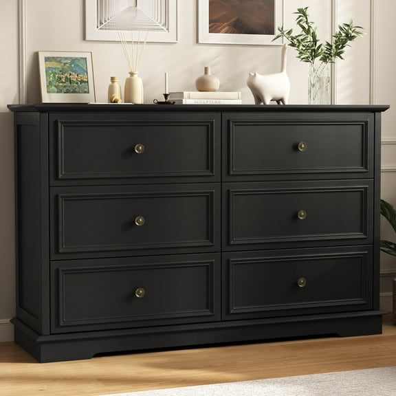 IDEALSOUL Black Dresser,6 Drawer Dresser for bedroom,Retro Wood Storage Cabinet for Living Room