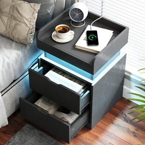 IDEALSOUL Black Nightstand with Charging Station, LED Nightstand with 3 Hidden Drawer Modern Bedside Table End Side Table Nightstands for Bedroom Living Room 25" Tall