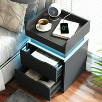 SEEDAY Black Nightstand with Charging Station, LED Smart Nightstand with 3 Hidden Drawer Modern Bedside Table End Side Table Nightstands for Bedroom Living Room 25" Tall