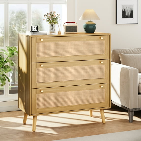 Dresser for Bedroom, Wood Color Farmhouse Rattan Dressers, 3 Drawers Dressers Chest for Bedroom Hallway Living Room