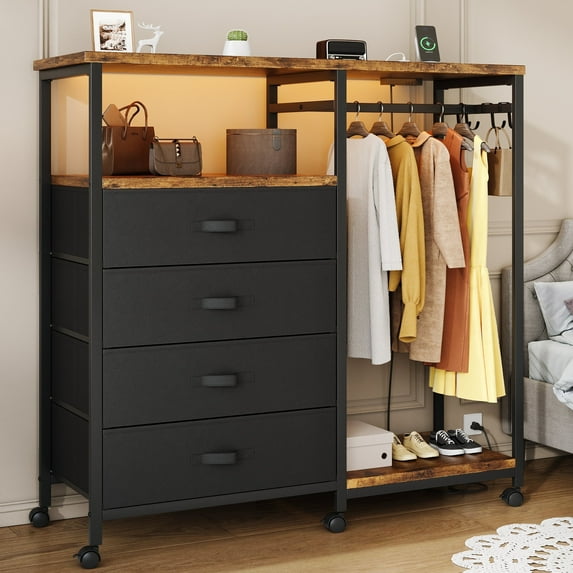 Dresser with Hanging Rack, Bedroom Dresser with Hanging Rack Chest of Drawers with Fabric Drawers & LED Lights & Charging Station, Rust Brown