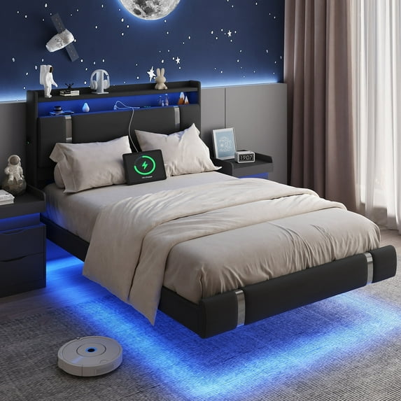 IDEALSOUL Full Size Bed Frame with LED Lights,Floating Metal Platform Bed with Storage Headboard,No Box Spring Needed,Easy to Assemble (Full,Black)