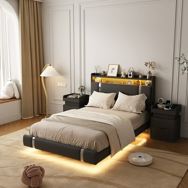 SEEDAY Floating Bed Frame Full Size with LED Lights,Metal Platform Full Bed,No Box Spring Needed,Easy to Assemble (Full,Black)