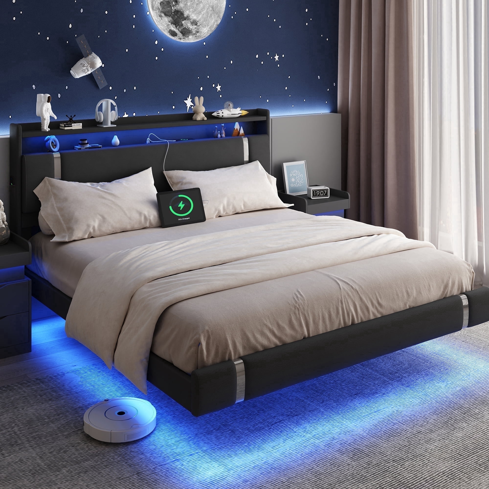 IDEALSOUL King Size Floating Bed Frame with Upholstered Storage Headboard, Metal Platform Bed with Charging Station & LED,No Box Spring Needed,Easy to Assemble (King,Black)