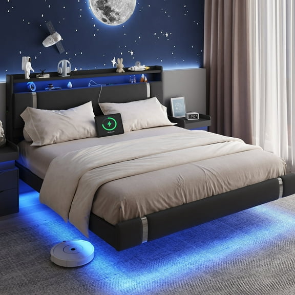 IDEALSOUL King Size Bed Frame with LED Lights,Floating Metal Platform Bed with Storage Headboard,No Box Spring Needed,Easy to Assemble (King,Black)