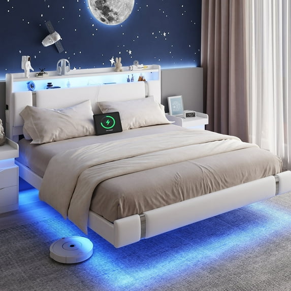 IDEALSOUL King Size Bed Frame with LED Lights,Floating Metal Platform Bed with Storage Headboard,No Box Spring Needed,Easy to Assemble (King,White)