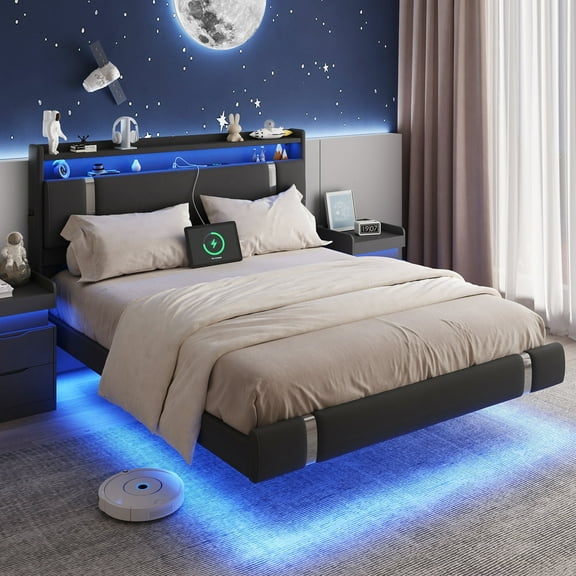 IDEALSOUL Queen Size Bed Frame with LED Lights,Floating Metal Platform Bed with Storage Headboard,No Box Spring Needed,Easy to Assemble (Queen,Black)