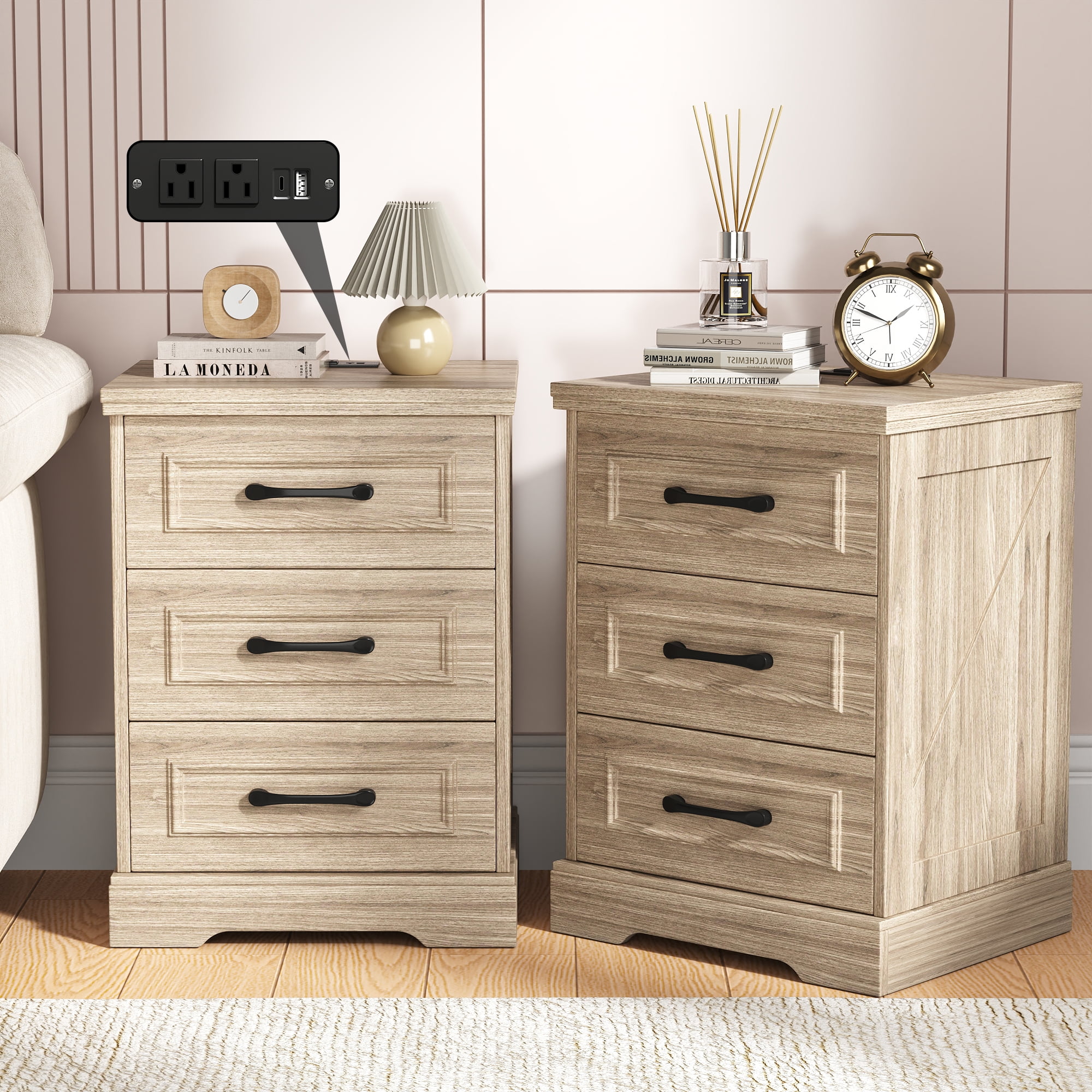 IDEALSOUL Nightstand Set of 2, Gray Farmhouse End Table with Charging Station, 3 Drawers Storage