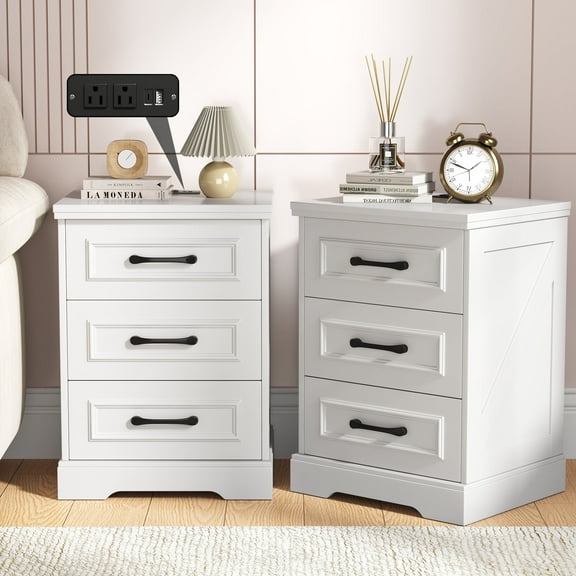 IDEALSOUL Nightstand Set of 2,White Farmhouse End Table with Charging Station,3 Drawers Storage