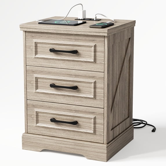 IDEALSOUL Nightstand for bedroom, Gray Farmhouse End Table with Charging Station, 3 Drawers Storage