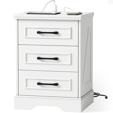 SEEDAY Nightstand with Charging Station, White Farmhouse End Table with 3 Drawer Storage for Bedroom Living Room