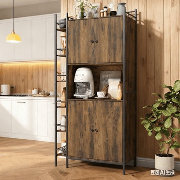 IDEALSOUL Pantry Storage Cabinets, 70.8" Kitchen Pantry Cabinet with Side Shelf, 2 Doors and 3 Shelves, Brown