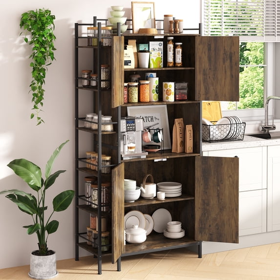 IDEALSOUL Pantry Storage Cabinets, 70.8" Kitchen Pantry Cabinet with Side Shelf, 2 Doors and 3 Shelves, Brown