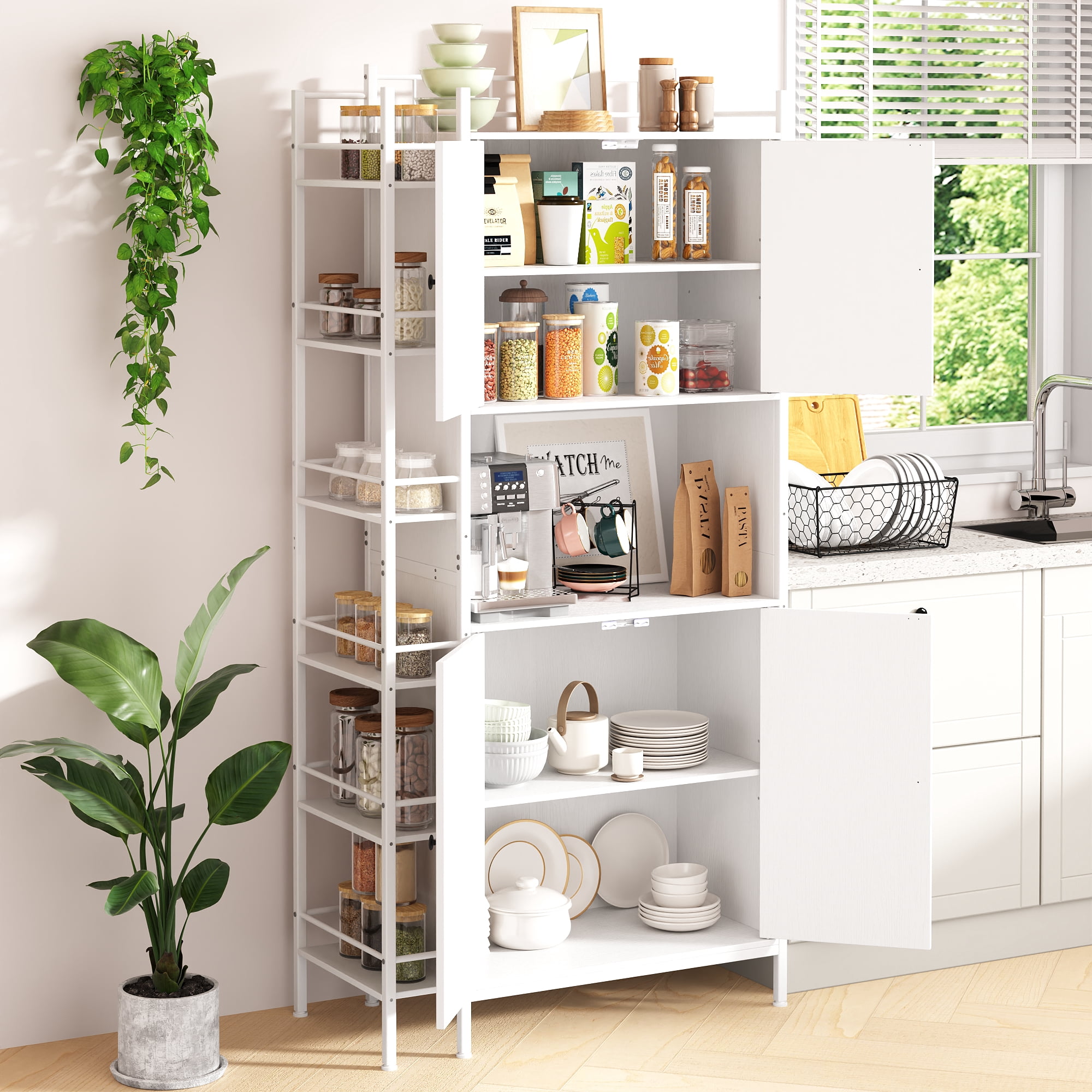 IDEALSOUL Pantry Storage Cabinets, 70.8" Kitchen Pantry Cabinet with Side Shelf, 2 Doors and 3 Shelves, White