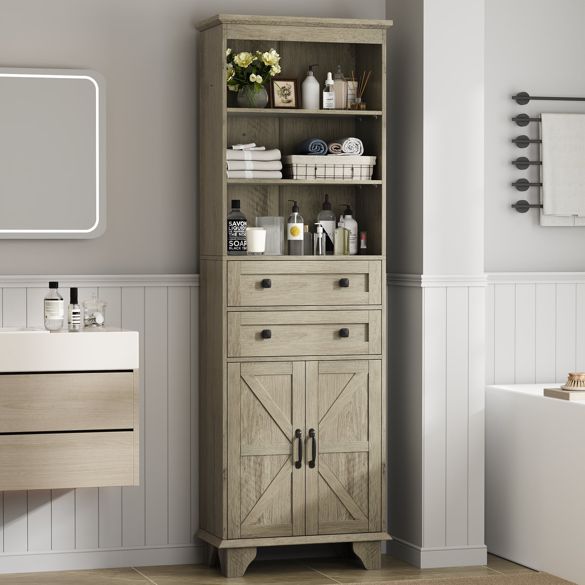 IDEALSOUL Tall Storage Cabinet, 72" Farmhouse Bathroom Storage with 2 Drawers, Adjustable Shelves & Barn Door, Cabinet for Bathroom, Living Room, Kitchen, Grey