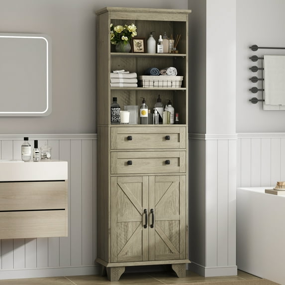 IDEALSOUL Tall Storage Cabinet, 72" Farmhouse Bathroom Storage with 2 Drawers, Adjustable Shelves & Barn Door, Cabinet for Bathroom, Living Room, Kitchen, Grey