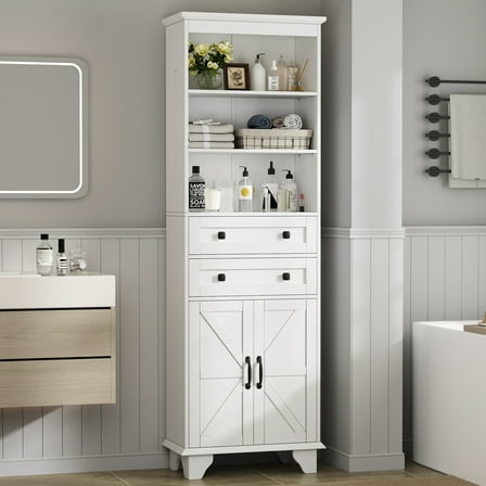 IDEALSOUL Tall Storage Cabinet, 72" Farmhouse Bathroom Storage with 2 Drawers, Adjustable Shelves & Barn Door, Cabinet for Bathroom, Living Room, Kitchen, White