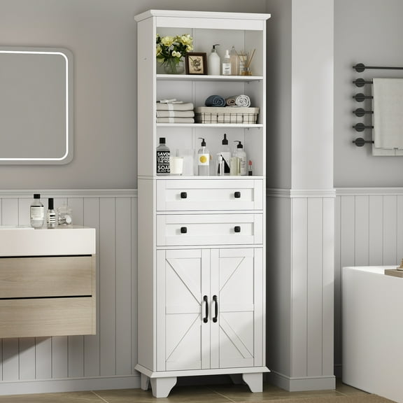 IDEALSOUL Tall Storage Cabinet, 72" Farmhouse Bathroom Storage with 2 Drawers, Adjustable Shelves & Barn Door, Cabinet for Bathroom, Living Room, Kitchen, White