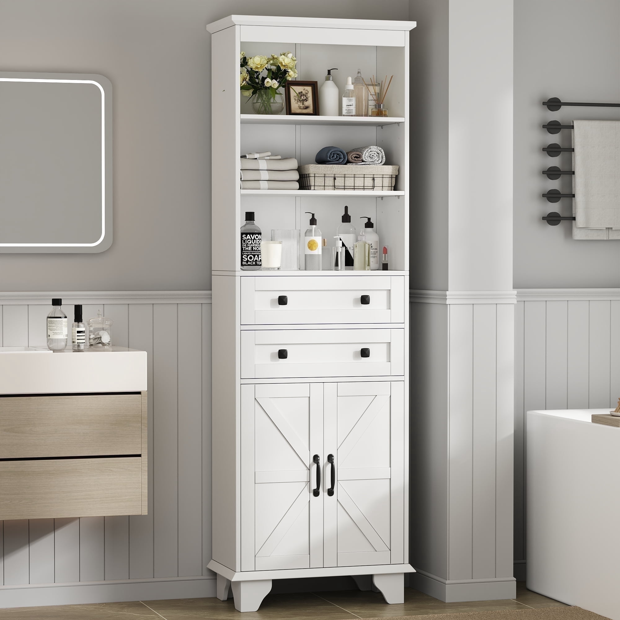 IDEALSOUL Tall Storage Cabinet, 72" Farmhouse Bathroom Storage with 2 Drawers, Adjustable Shelves & Barn Door, Cabinet for Bathroom, Living Room, Kitchen, White