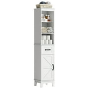 SEEDAY Tall Bathroom Storage Cabinet, Narrow Storage Cabinet, Freestanding Linen Cabinet with Barn Door and Drawer, White