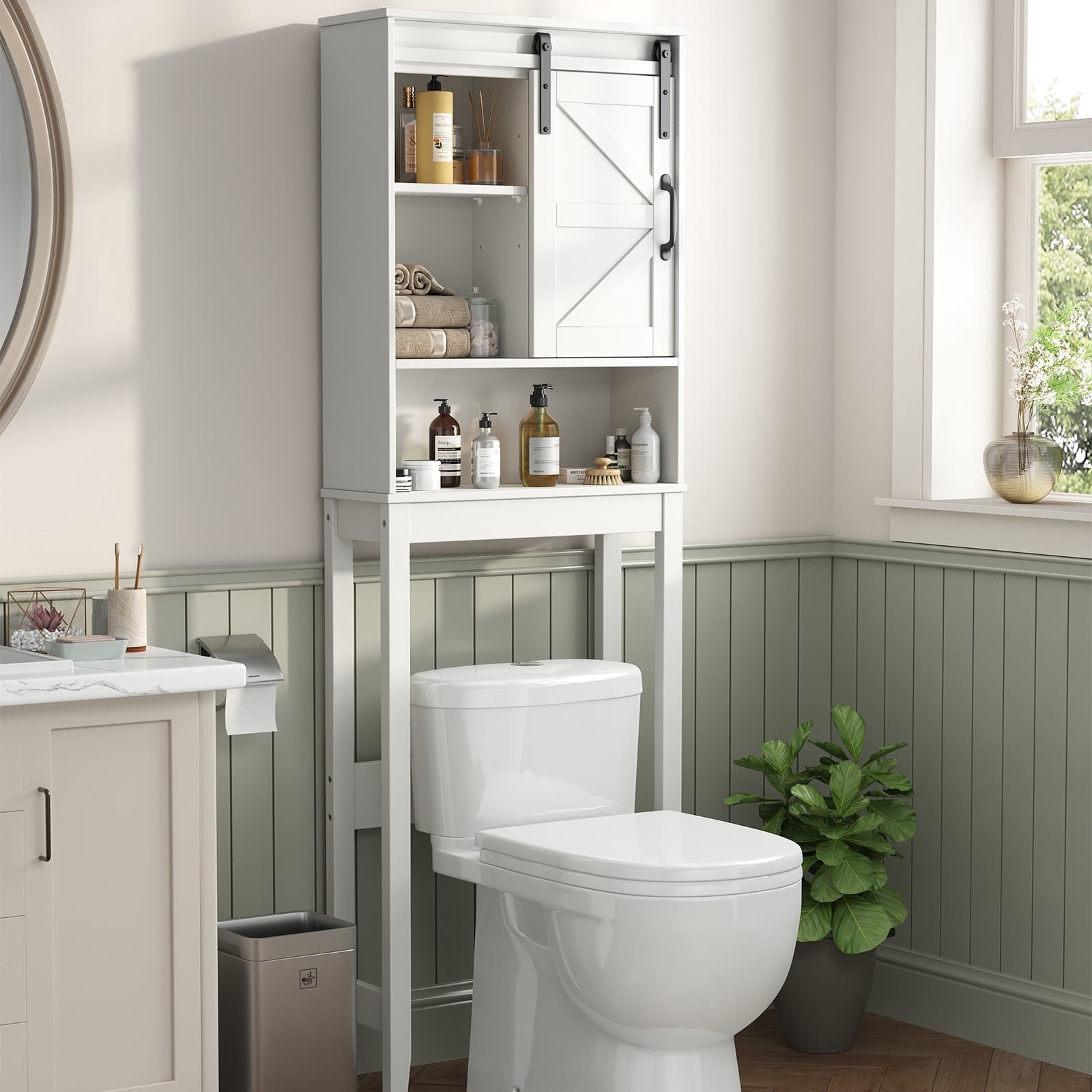 SEEDAY Over The Toilet Storage Cabinet, Farmhouse Storage Cabinet Over Toilet with Sliding Barn Door & Adjustable Shelves, Home Space Saver for Bathroom, Living Room, Rustic Oak with Antique White