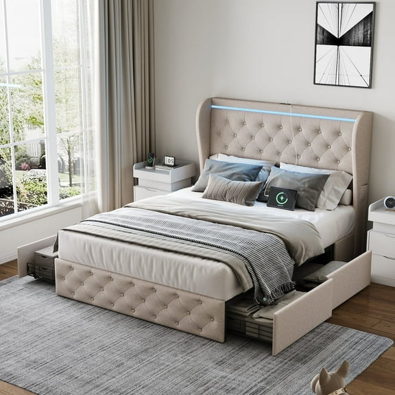 Upholstered Full Size Platform Bed Frame with 4 Storage Drawers and Wooden Slats,White