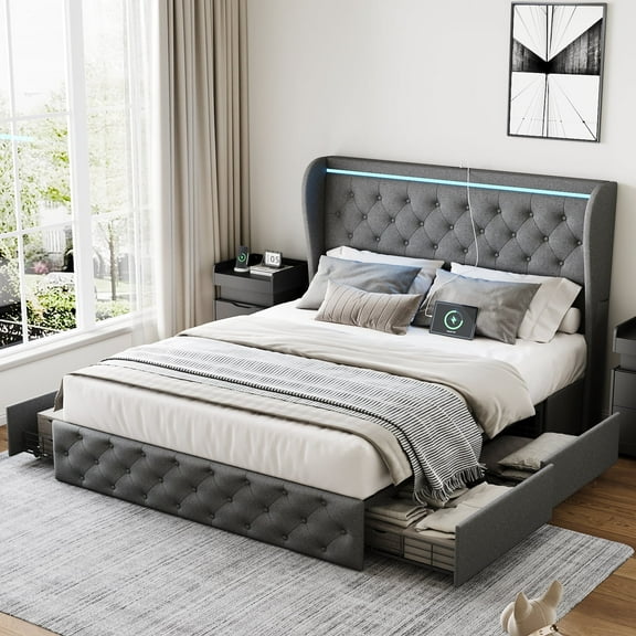 SEEDAY Upholstered Queen Size Platform Bed Frame with 4 Storage Drawers and Wooden Slats,Dark Gray