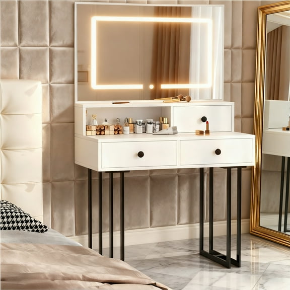 IDEALSOUL Vanity with Lights and Mirror, White Makeup Vanity Desk with Drawers Dressing Tables Dresser Desk for Girls Women Valentine's Day Gift