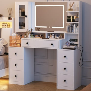 Vanity with Lights and Mirror,White Vanity Desk with 7 Drawers VPower Outlet 47",Makeup Vanity Table,Vanity Dressing Table for Bedroom Dressing Room 3 Lighting Color Adjustable