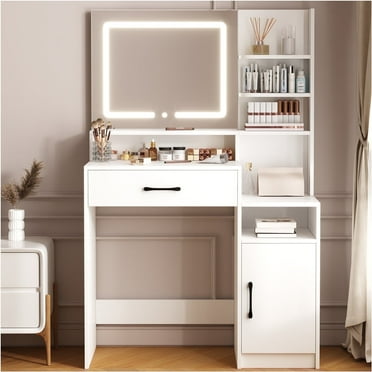 SEEDAY Vanity with Lights and Mirror,White Vanity Desk with Drawers, Shelves and Large Storage Cabinet, Mirror 3 Lighting Color Adjustable